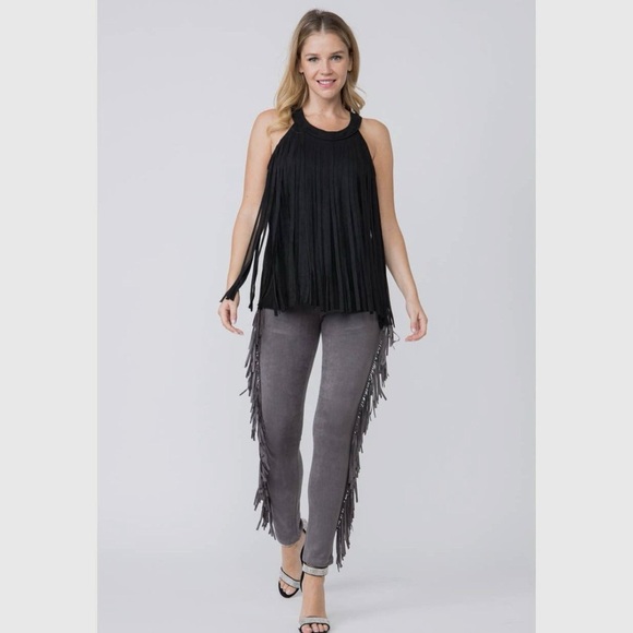 Black Fringe Faux Suede Sleeveless Top - Picture 4 of 6